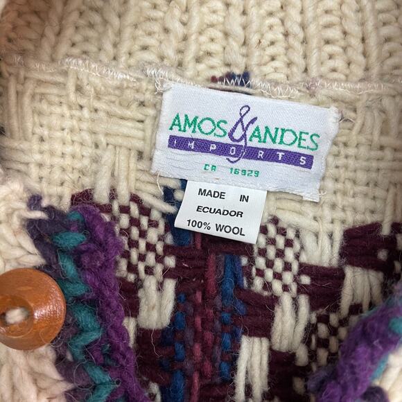 Vintage 90s Chunky Knit Plaid Cottagecore Coastal Fisherman Wool Sweater XXL - Picture 3 of 8